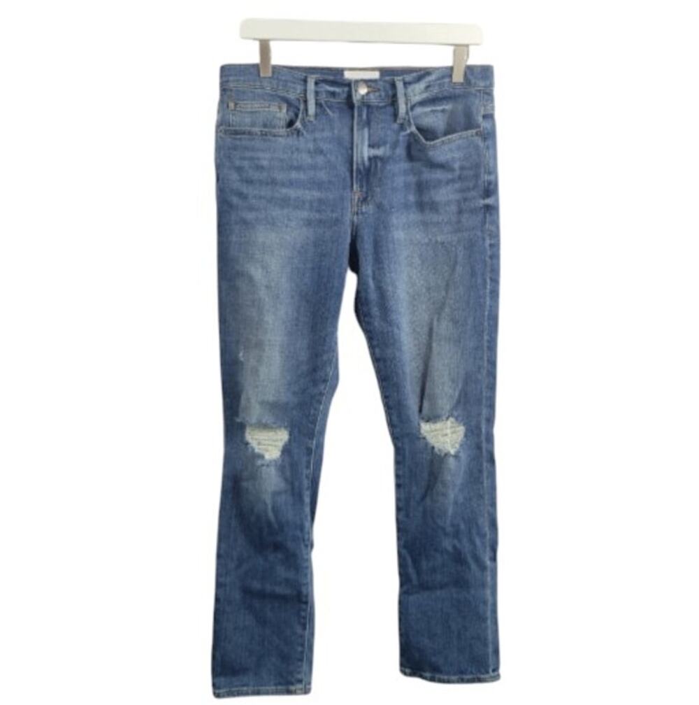 Frame Le Beau Cleo Rip Distressed Straight Leg Jeans Medium Wash Size 27